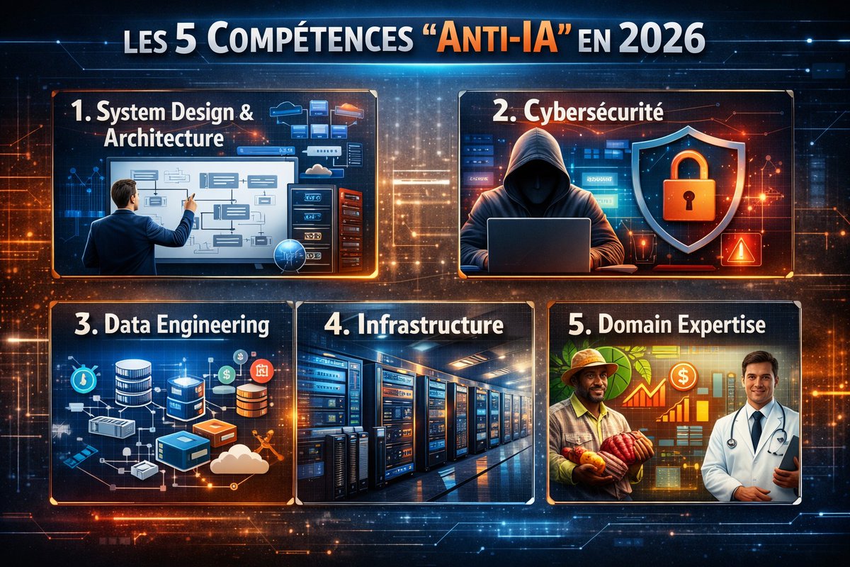 ngop3's tweet photo. Les 5 compétences  “anti-IA” en 2026:
System design &amp; architecture
Cybersécurité
Data engineering
Infrastructure
Domain expertise
#ITPro #SoftwareDeveloper https://t.co/8XtUGBgWqZ