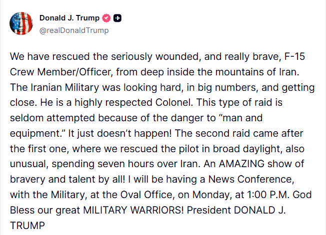 _blue25a11's tweet image. [President Trump's America]
We have rescued the seriously wounded, and really brave, F-15 Crew Member/Officer, from deep inside the mountains of Iran. The Iranian Military was looking hard, in big numbers, and getting close. He is a highly respected Colonel. This type of raid is