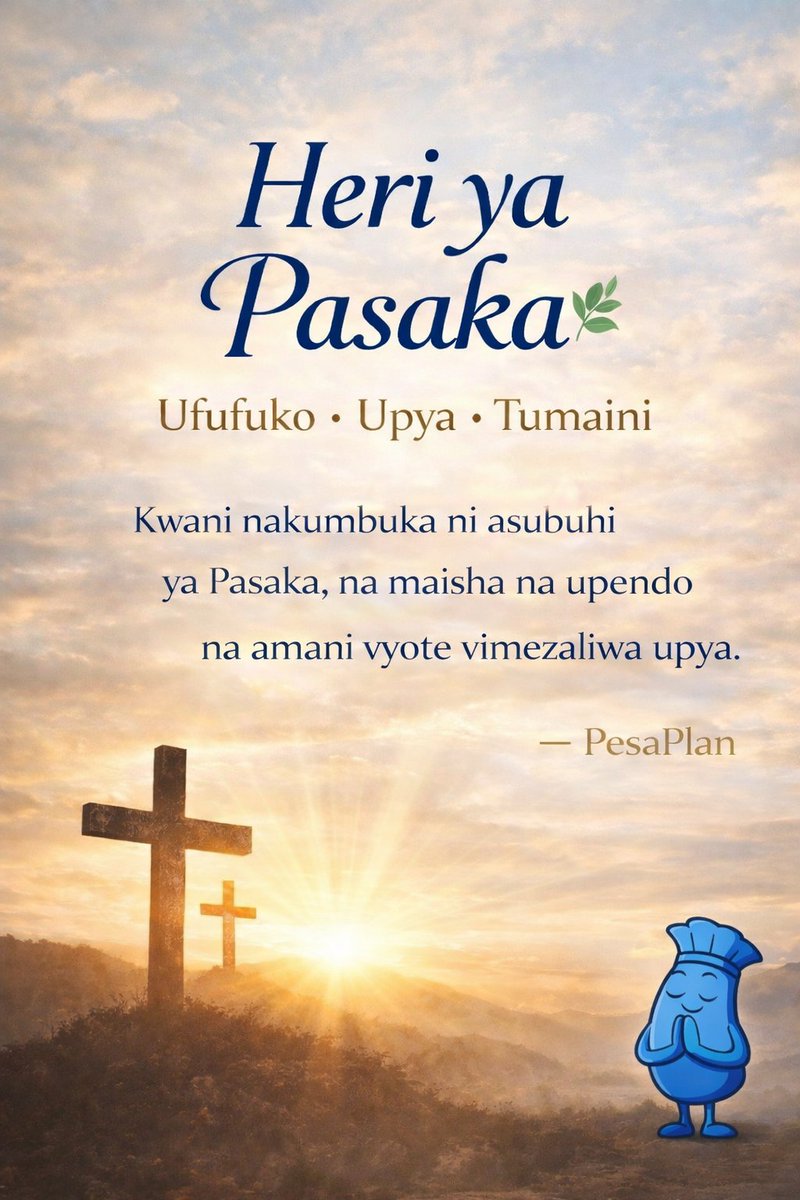 PesaPlanApp's tweet photo. Heri ya Pasaka 🌿
Tunawatakia siku njema iliyojaa amani, furaha na upendo. https://t.co/tYtc99MUpW