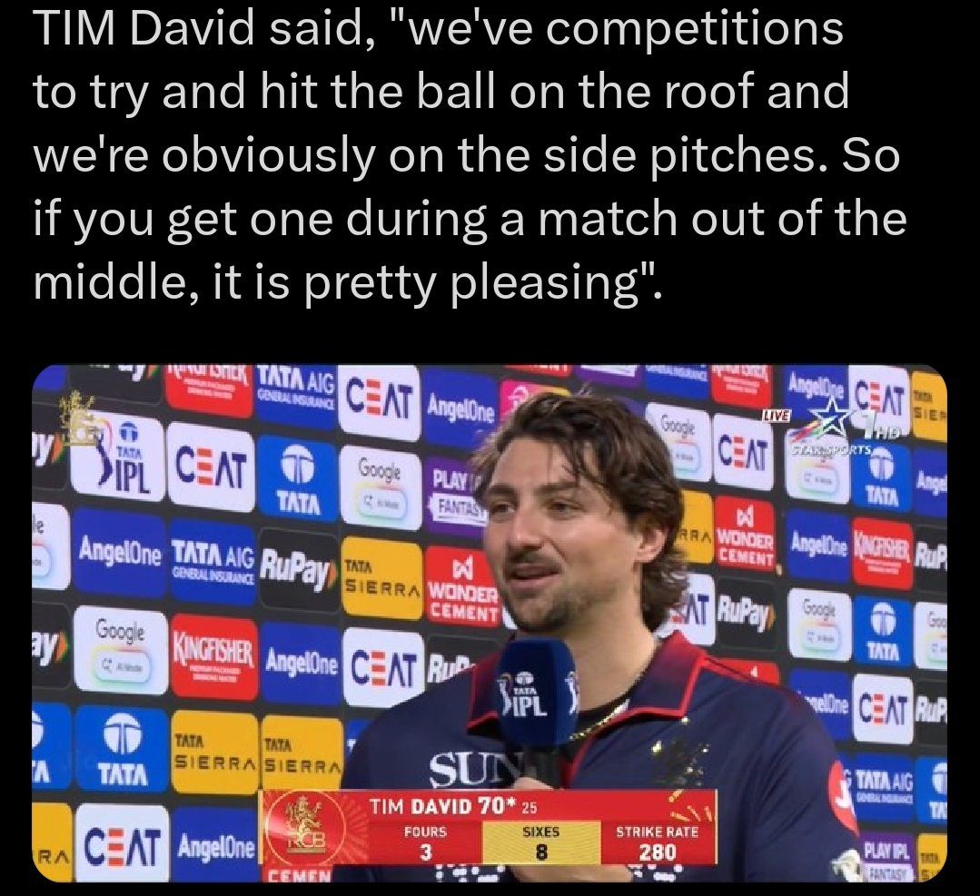 indians75558's tweet image. TIM David said, "we've competitions to try and hit the ball on the roof and we're obviously on the side pitches. So if you get one during a match out of the middle, it is pretty pleasing".#RCBvsCSK