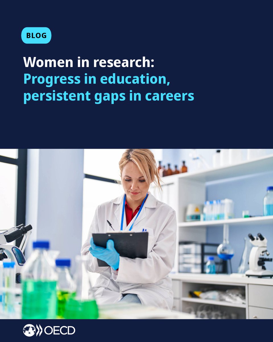 OECD's tweet image. In 2023, women accounted for 3 out of 5 of the master’s grads and half of PhDs grads, but just over 1/3 of researchers &amp;amp; 1/4 in business R&amp;amp;D. 

Our new blog post unpacks what the data really tells us about women in research careers.
🔗 brnw.ch/21x1lbq

#OECDgender
