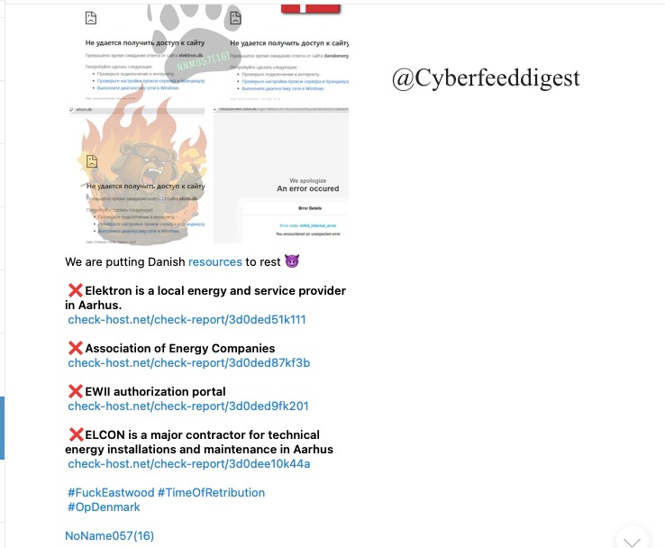 cyberfeeddigest's tweet image. The pro-Russian group #NoName057 targeted websites from #Denmark by #DDOS attack:

❌Elektron is a local energy and service provider in Aarhus.
❌Association of Energy Companies
❌EWII authorization portal
❌ELCON is a major contractor for technical energy installations