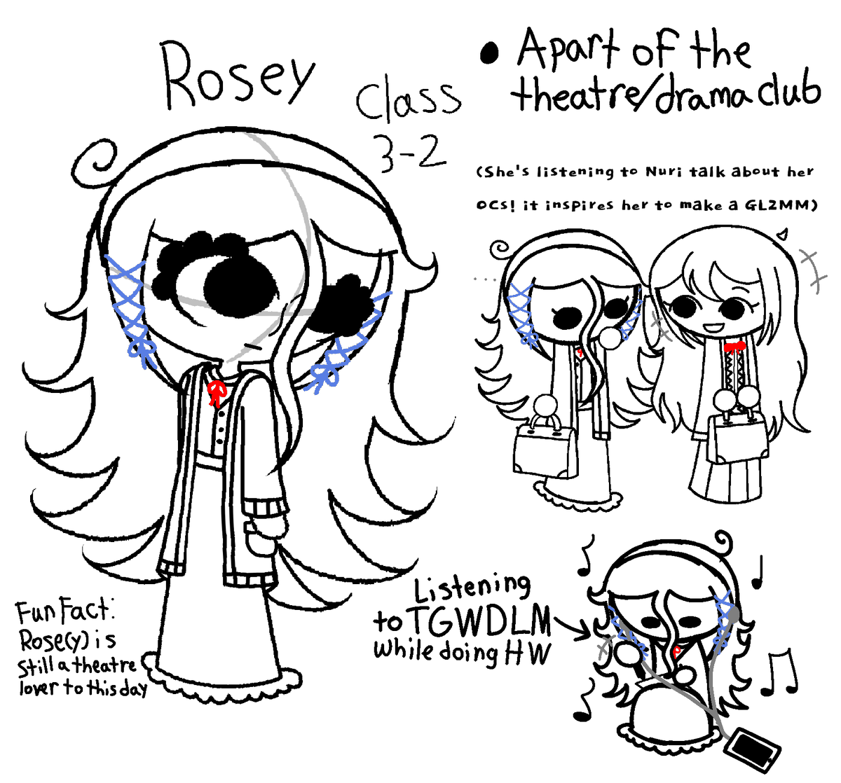 Bloom_Piki's tweet photo. when @NORI1260997 mentioned our AC ocs being in anime slice of life high school universe i was like "i gotta"

Anyways here's Rosey your lil theatre nerd who's favorite subject is math and makes movie skits during school hours
#OC https://t.co/MhwSlJgTbk