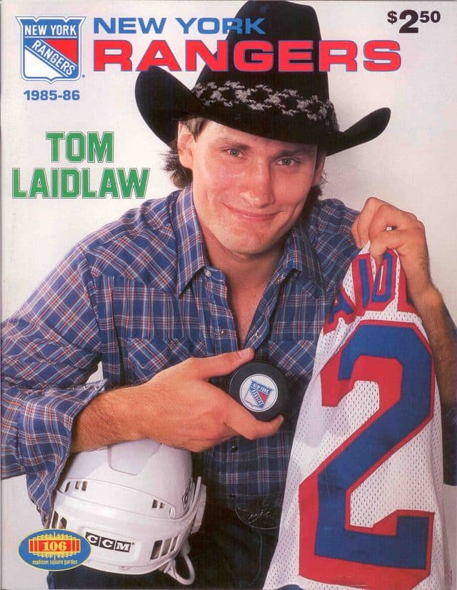 hockey_vintage's tweet image. #WaybackWednesday Happy 68th birthday Tom Laidlaw! Here's Tom on the cover of a @NYRangers Program (1985)