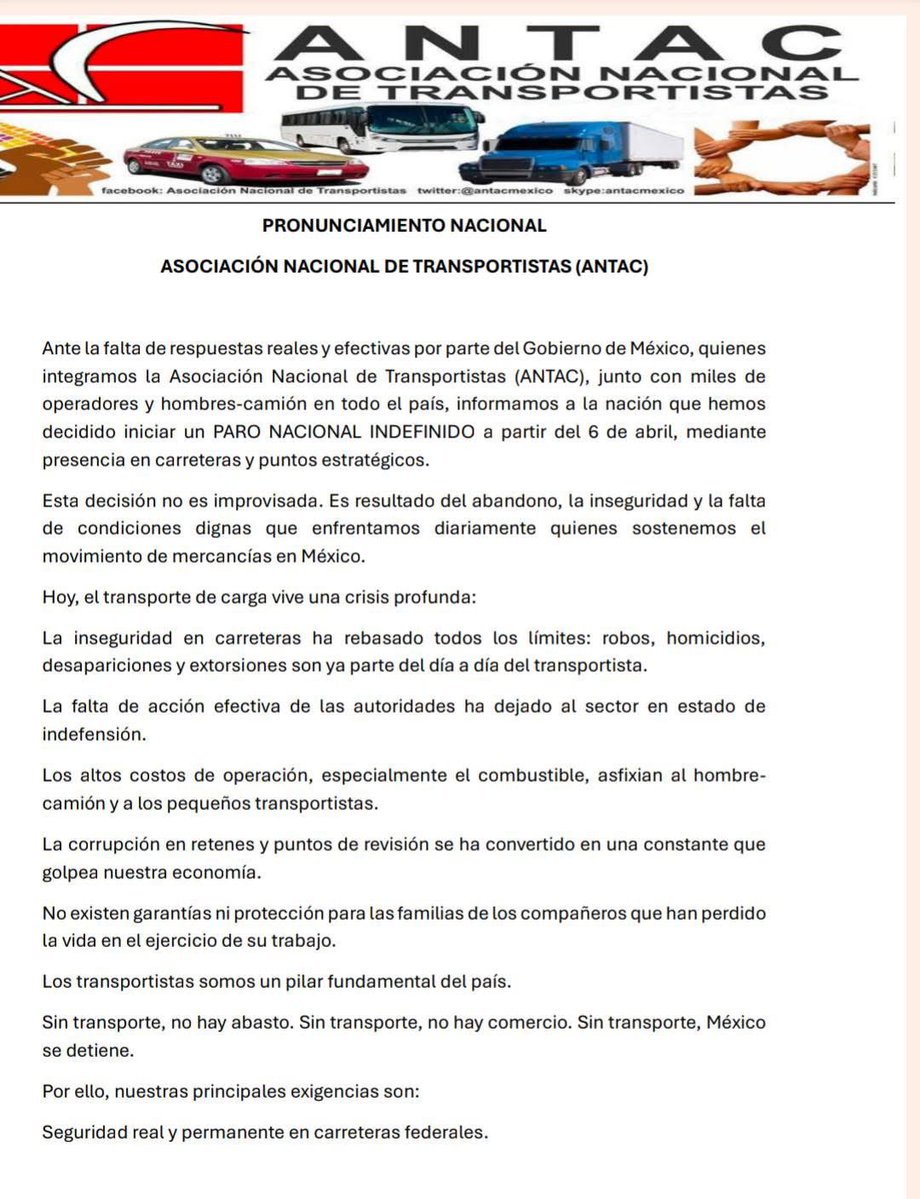 🔴 ANTAC reitera paro nacional indefinido a partir del 6 de abril ante la falta de respuestas de las autoridades.

La organización señala que la decisión responde a la violencia en carreteras, altos costos operativos y la ausencia de condiciones seguras para el transporte de
