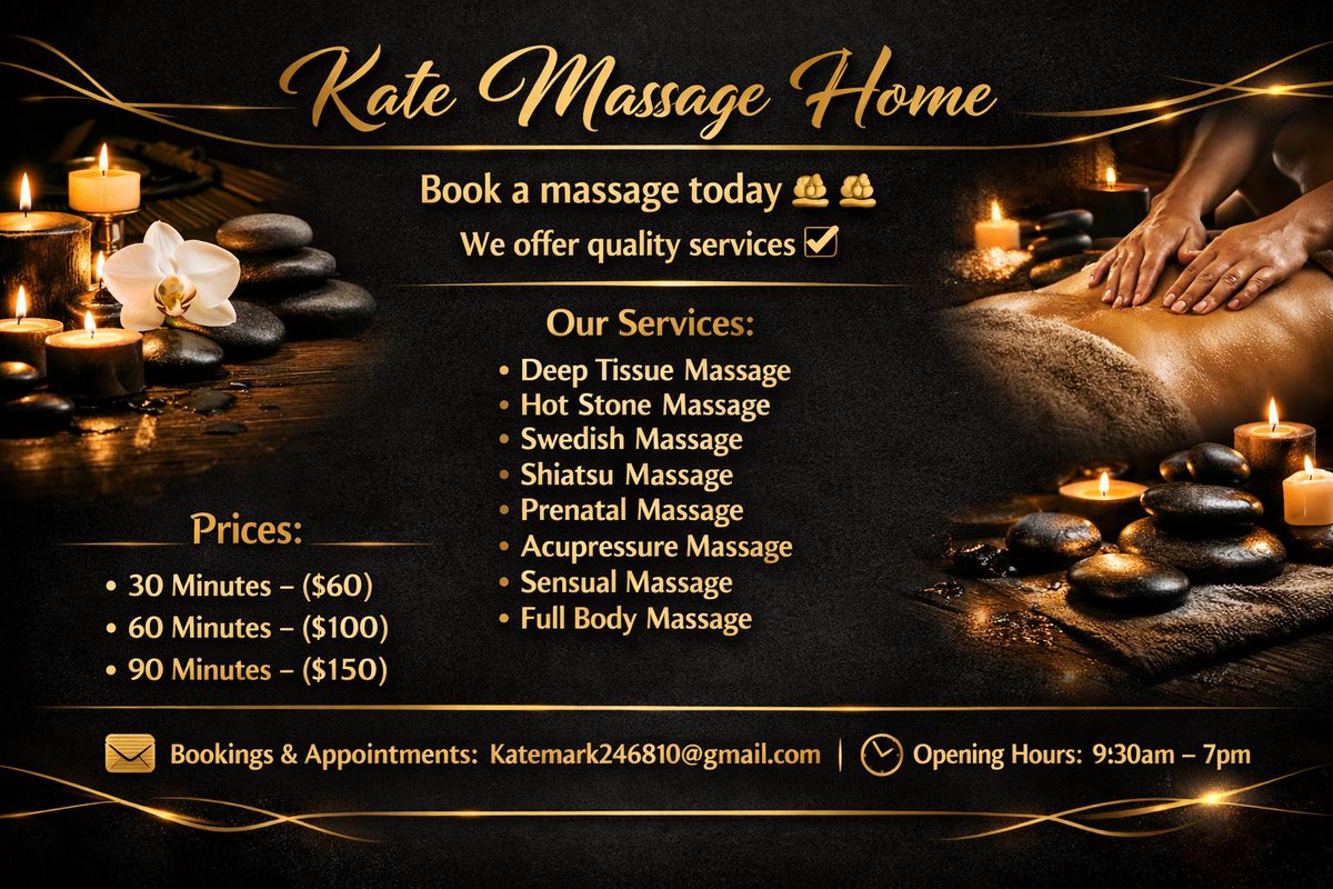 demimark24's tweet photo. Book a massage today 💆‍♂️💆‍♀️
We offer quality services ✅
 
30 Minutes - ($60)
60 Minutes - ($100)
90 Minutes - ($150)

📞 Bookings &amp; appointments :
Katemark246810@gmail.com
⏱️Opening hours: 9:30am - 7pm https://t.co/BEMpmaMoTJ
