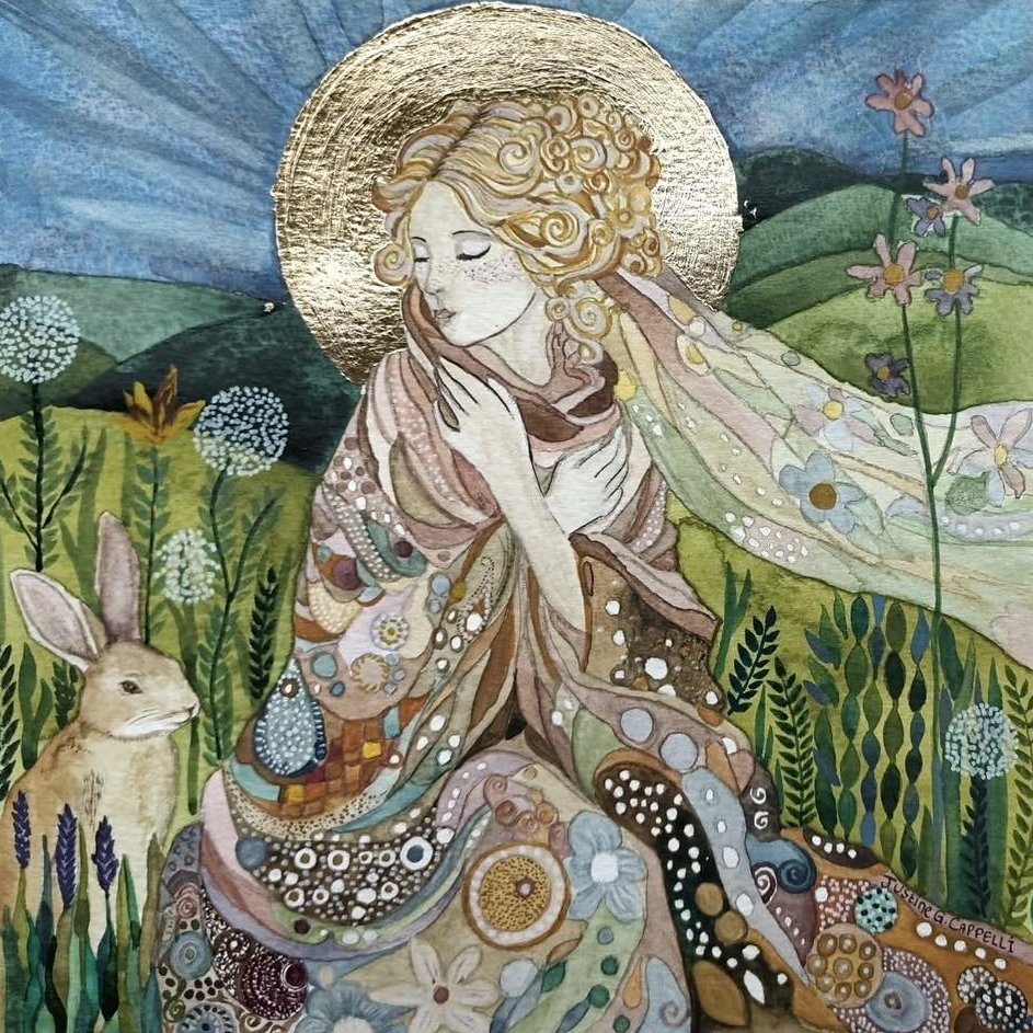 SubRosaMagick's tweet photo. GODDESS of the MONTH: 🌞EOSTRE

"As the earth awakens, Eostre, the spirit of the dawn dances in the Eastern sky. She whispers songs of Spring and draws the Sun upward on his journey. He hears and answers with “three joyful leaps”* as he rises to join her dance.
Beams of morning light penetrate the water in the wells and streams. It becomes holy and full of virtue. There is a stirring within the shells of new laid eggs. The brown hare leaps upon the warming earth in response to the joy of the skies. Spring deepens upon the land."

Think on the symbolism inherent in this dawn deity.

🌷How could you incorporate themes of a new day for new beginnings into your own life?

🌷How might you partner with light and work in tandem with the elements of nature and the people around you?

🌷Eostre or Ostara is a Germanic dawn goddess for whom the Germanic month and the festival of Easter are named. The last days of March through April were considered to be the Eostre-month.

🌷This concept is universal.
Dawn dieties in other cultures include:
Tefnut: Egyptian goddess of the morning dew.
Anpao: Sioux spirit of the dawn with two faces.
Liwayway: A Philippine Tagalog goddess of dawn.
Eos: Greek goddess of the dawn.
Austra: Latvian dawn goddess.

~ Rebekah Myers
(c) April, 2018 by Rebekah Myers
Her Circle Woven
*quote from Deutsche Mythologie by Jacob Grimm

Art: Justine G Cappelli, “Eostre”
The Chicken Legged Workshop - Art by Justine G. Cappelli (available on Etsy)

#GoddessoftheMonth #Eostre #WomensWisdom #WomensEmpowerment #GoddessCircle #Goddess #EarthWisdom #WheeloftheYear #Mythology #Magic #Folklore #FolkTradition #FolkloreSUnday #Easter