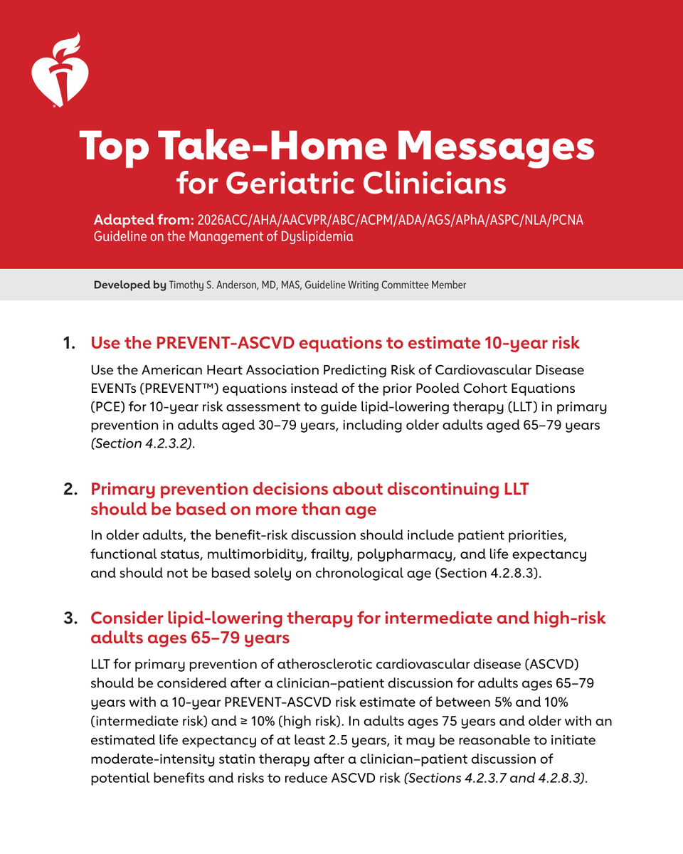 AHAScience's tweet photo. The 2026 Guideline on the Management of Dyslipidemia was recently published. Here are the top things for geriatric clinicians to know. https://t.co/z73d4TsvN1