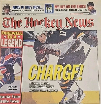 hockey_vintage's tweet image. #WaybackWednesday Happy 43rd birthday Ilya Kovalchuk! Here's Ilya as a rookie on the cover of The Hockey News (2001) @NotThrashers