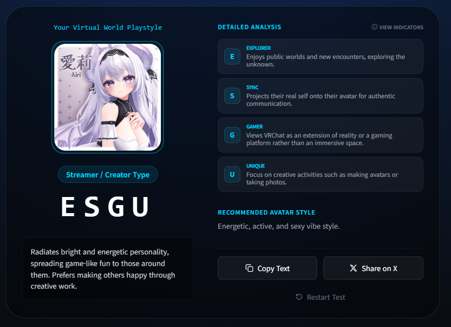 I tried this funny little test thing, honestly I like the results!!! Might try Airi at some point to see if it actually might be a model for me :3
#VRChat #VRC #VR