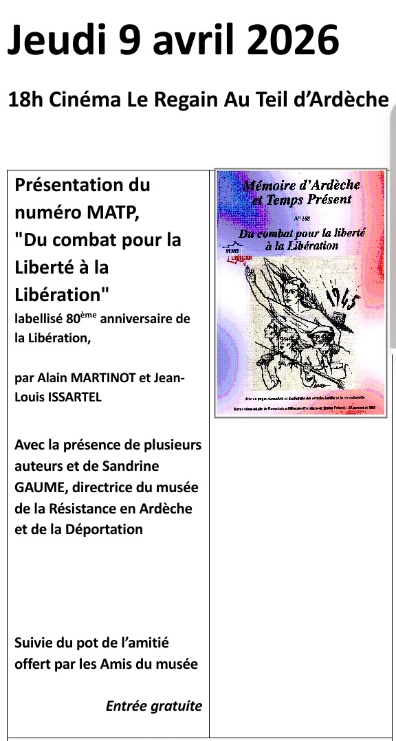MATP_ARDECHE's tweet photo. 📢Jeudi 9 avril à 18h Le Teil
Présentation du CahierMATP«Du combat pour la Liberté à la Libération» 🇫🇷 80e anniversaire
🎤 présences des Auteurs🥂 Verre de l’amitié 🎬 suivie duFilm « Une enfance en Allemagne – 1945 »
✨Une soirée à ne pas manquer
#Mémoire #Libération #Ardèche https://t.co/eZvXrEFki2