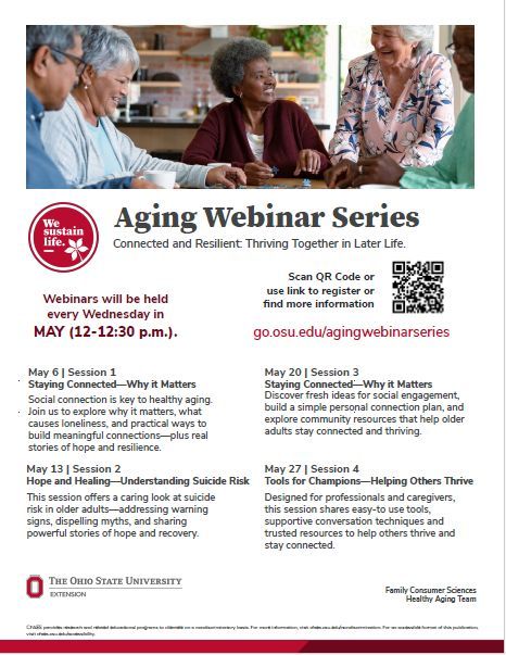 PC_PublicHealth's tweet image. Join the Aging Webinar Series this May 💬

🗓 Wednesdays | 12–1:30 PM
💻 Free &amp;amp; open to all

Learn how to stay connected, support mental health, &amp;amp; build resilience in later life.

🔗 go.osu.edu/agingwebinarse…
#HealthyAging #PCPH #MentalWellness