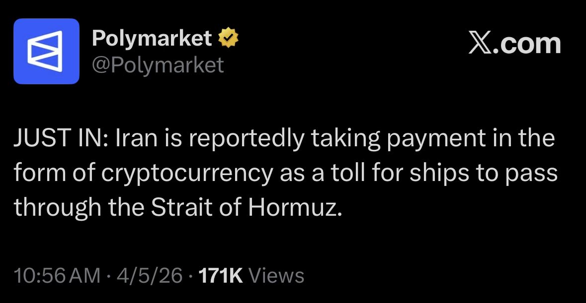 Stablecoins are now being used to pay tolls on the most important oil chokepoint on Earth. 

Iran is charging up to $2 million per tanker to cross the Strait of Hormuz, accepting payment in yuan and dollar-pegged stablecoins.

Tanker traffic through the strait has picked up in