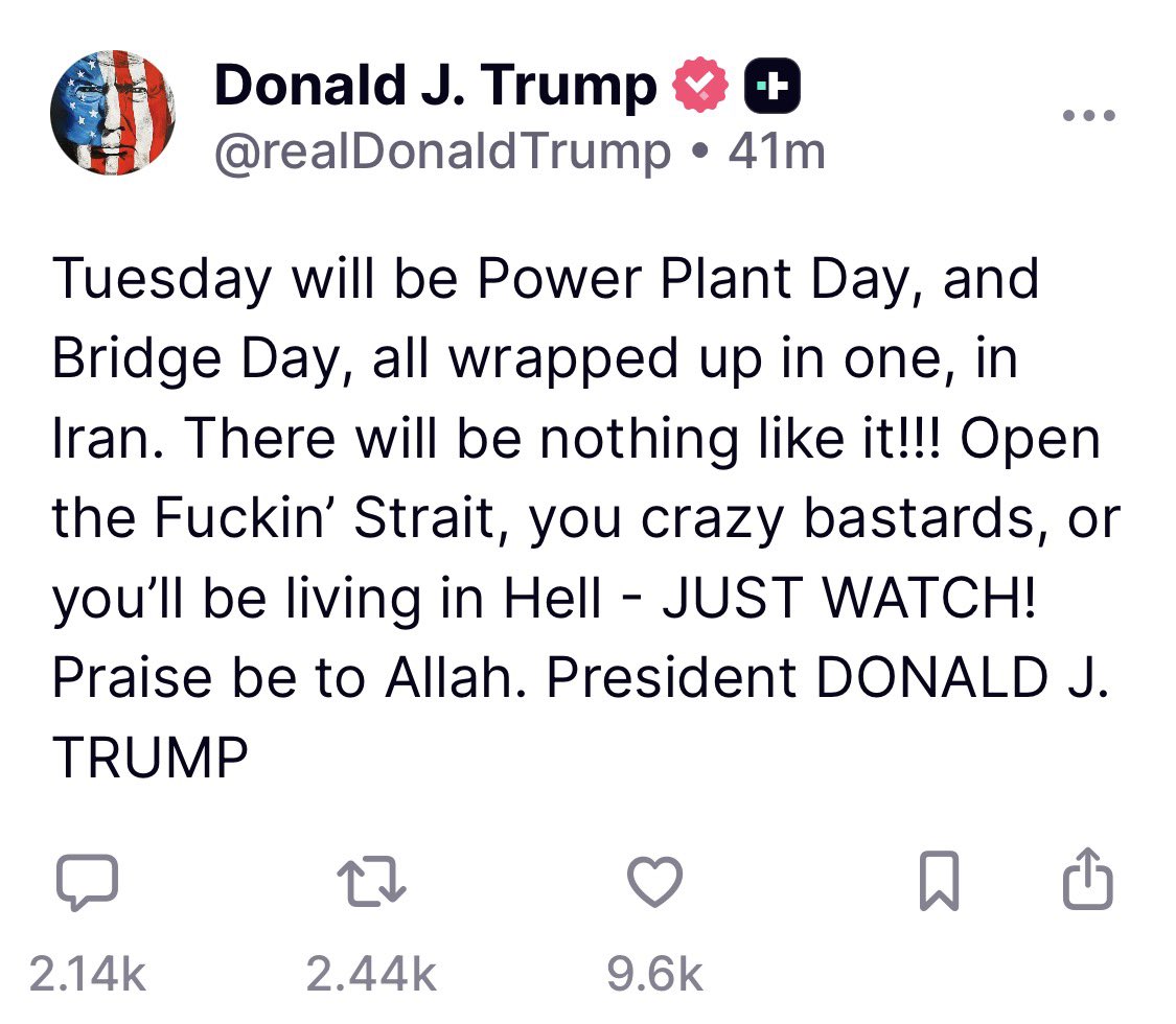 AnibalGarzon's tweet photo. Trump amenaza a Irán con un duro ataque el martes si no abre el estrecho de Ormuz mediante un mensaje agresivo y vulgar: “Abrid el puto estrecho, locos cabrones, o vais a vivir en el infierno". Y lo dice el mismo que bloquea el Caribe contra Cuba o Venezuela. https://t.co/EyKlFLdY2n