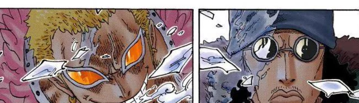 Whirlwind64's tweet photo. @BantuKingu Incorrect, Imu was teased in manga chapter 699 "Morning Edition" confrontation between Doffy and Kuzan (Silhouetted in Kuzan's glasses), only present in the manga for some reason https://t.co/pTfHimkjop