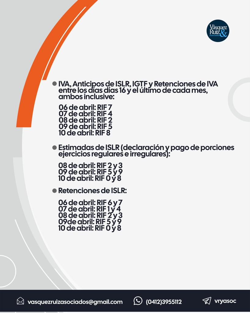 vryasoc's tweet photo. Éstas son las fechas de declaración y pago para Sujetos Pasivos Especiales para la semana del 06 de abril 2026 al 10 de abril 2026.

#EsperamosSerleDeUtilidad #contadores #CalendarioFiscal  #contabilidad #SENIAT #Caracas #Venezuela https://t.co/TJwwXrXu0w