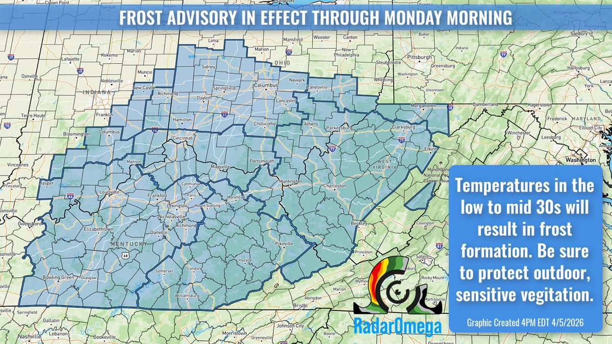 RadarOmega's tweet image. Frost Advisories are in effect until Monday morning in parts of the OH Valley. Temperatures in the low to mid 30s will support widespread frost formation. Sensitive plants could be impacted, so protect outdoor vegetation. #KYwx #OHwx #INwx #WVwx