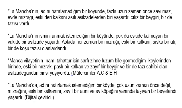 AycilAli's tweet photo. Don Kişot'u yeniden okumaya başladım. Öncesinde çevirilere bir göz atma ihtiyacı hissettim. Biri Osmanlıca, biri dijital, dört çeviride kitabın ilk  cümlesi... https://t.co/TSFiNL6Rr6