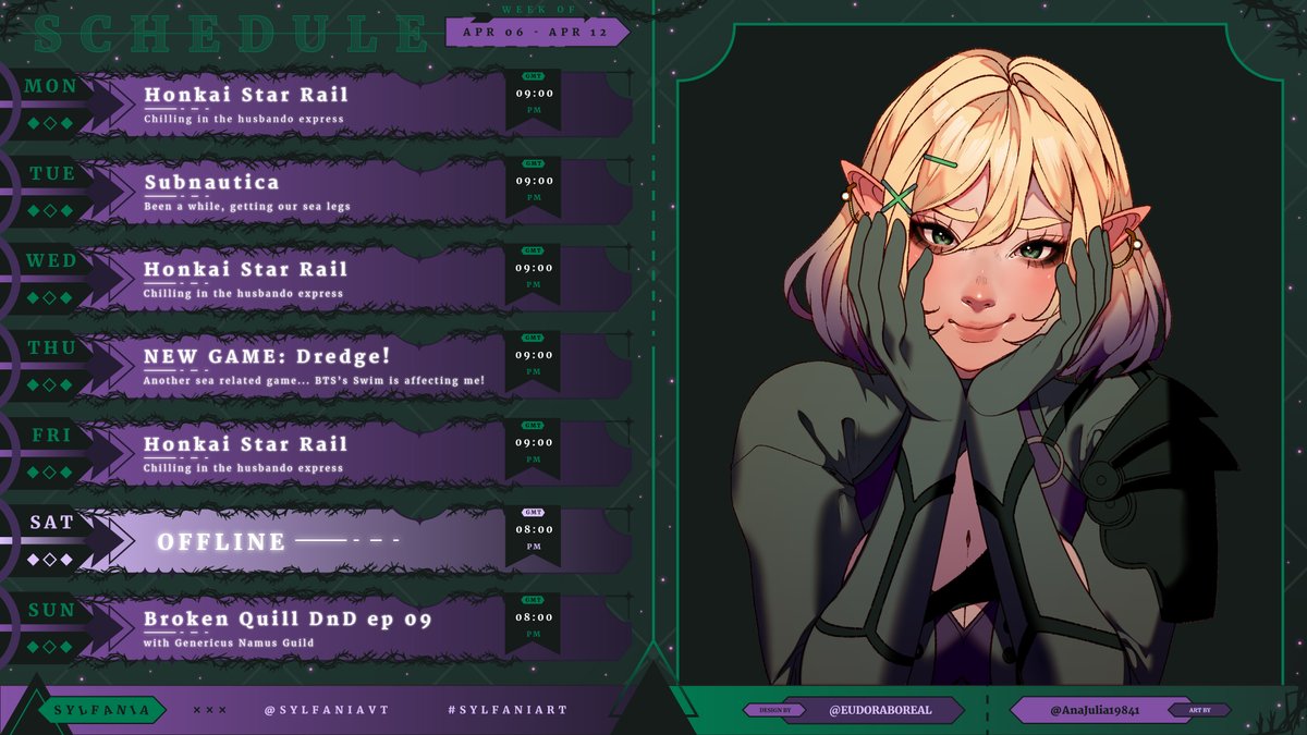 SylfaniaVT's tweet photo. 🧝‍♀️🏹STREAM SCHEDULE 06.04-12.04🏹🧝‍♀️
Apologies for the ghosting. Work, life and health situation have held me back. Hopefully will do this week! Lots of sea related stuff like #Dredge and #Subnautica, and our usual #HSR
#envtuber #Eldenwood #ruvtuber #streamschedule #elfvtuber https://t.co/l0ywUr2i58