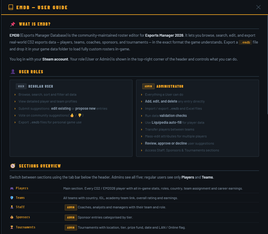 esportsmanager's tweet image. Hey! emdb.gg is ready to be used. 
For now with suggestion mechanism only, but at the release we will remove all limitations (now only admins and focus group testers can do anything). 
This DB will be used in the next demo update.
#em26 #esportsmanager #esports