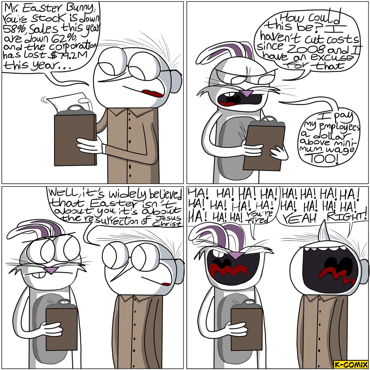 K_Comix's tweet photo. Comic 275: The Fall Of The Easter Bunny Corporation
#comics #comix #webcomics #webcomix #funnycomics #humor #easter https://t.co/VFmiQWI4LT