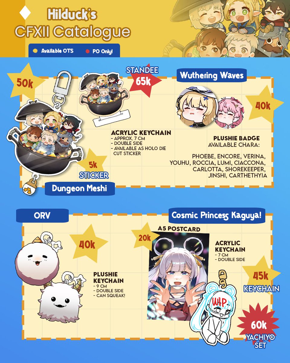 Hilduck_'s tweet photo. CFXII Catalogue + Pre-Order Form! ✨
📆 PO CLOSE: 12 April 2026 (Sun) 
📍 Warteg Husbu Waifu (Booth Number TBA) [Both Days!]
🌷 Dungeon Meshi, Wuthering Waves, ORV, Cosmic Princess Kaguya, Pokemon, Kpop Demon Hunters

#CF22 #comifuro22 #comifuroxii #comifuro22catalogue https://t.co/zZwg6PTcTK