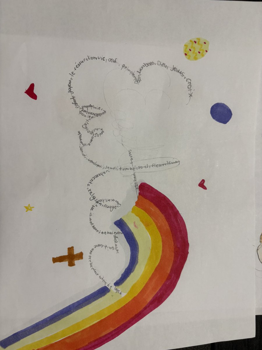 Joyeux Pâques!! 🐣💕 <a href="/StUrsulaDPCDSB/">St. Ursula</a> here are some beautiful Easter themed calligraphy poems created by the 5/6FI class en Français 👏🏻