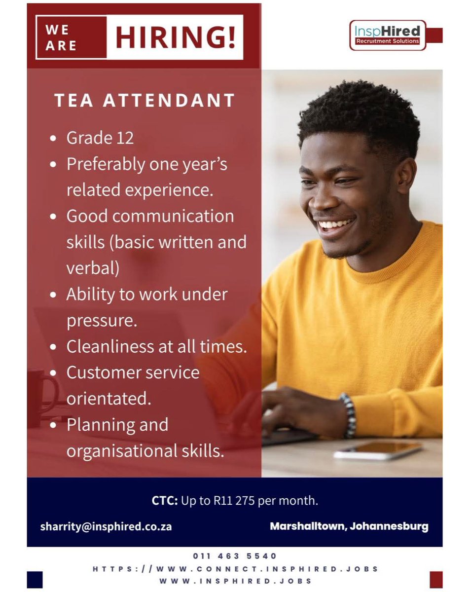 CarolBoitumelo1's tweet image. Our client in the Employee Benefits industry is currently looking for a Tea Attendant, in Marshalltown, Johannesburg.

Apply via the link below: 
lnkd.in/d4yg63Hx

#EmployeeBenefits #TeaAttendant #Marshalltown #JobsInJohannesburg