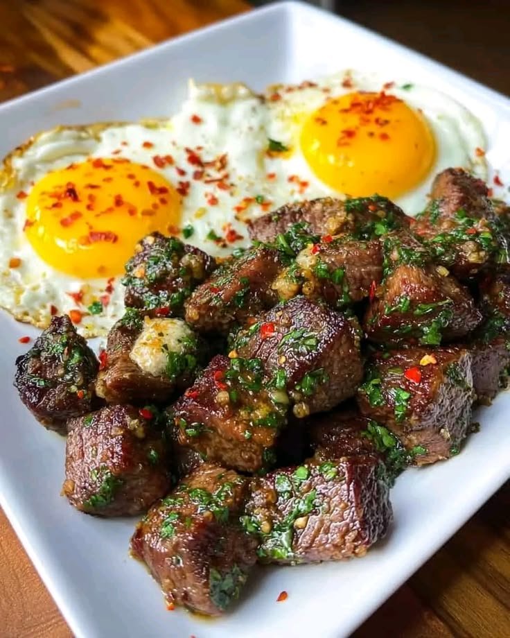NThanh86518's tweet image. GARLIC BUTTER STEAK BITES WITH FRIED EGGS! 
A protein-rich breakfast with tender, juicy steak bites, blended with fragrant garlic butter, golden egg yolks and a sprinkle of chili flakes. Simple, nutritious, and full of flavor!🍽️
  👉 #Breakfast #SteakAndEggs