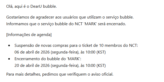 markleebr_'s tweet photo. 🚨 | DearU bubble anunciou que o bubble do MARK será encerrado

– Novas compras serão suspensas em: 06 de abril de 2026 (10AM KST)
– Encerramento oficial: 20 de abril de 2026 (10AM KST)
obrigada por tudo, Mark 🥺💚 vamos continuar apoiando você sempre

#MARK #MARKLEE #NCT #마크 https://t.co/WKPzcF4tiN