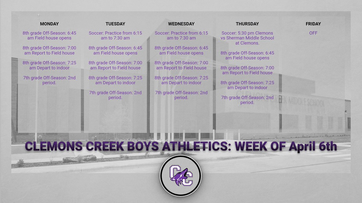 Week of April 06
Clemons Creek Boys

Off-season Schedules for the week.
Soccer Schedule for the week.

Soccer game at Clemons on Thursday.

#CU