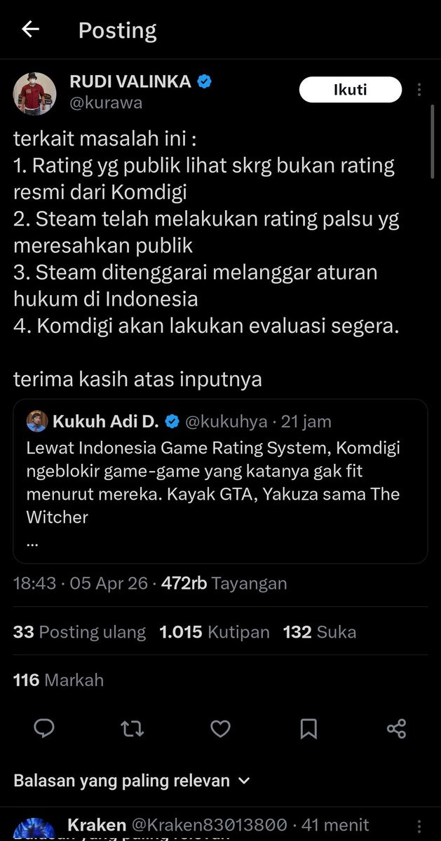 QLYPOTH's tweet photo. TRANSLATE:
Regarding this issue:
1. The ratings the public sees now are not official ratings from Komdigi.
2. Steam has created fake ratings that are disturbing the public.
3. Steam is suspected of violating Indonesian law.
4. Komdigi will conduct an immediate evaluation. https://t.co/ZgWIW7uFkR