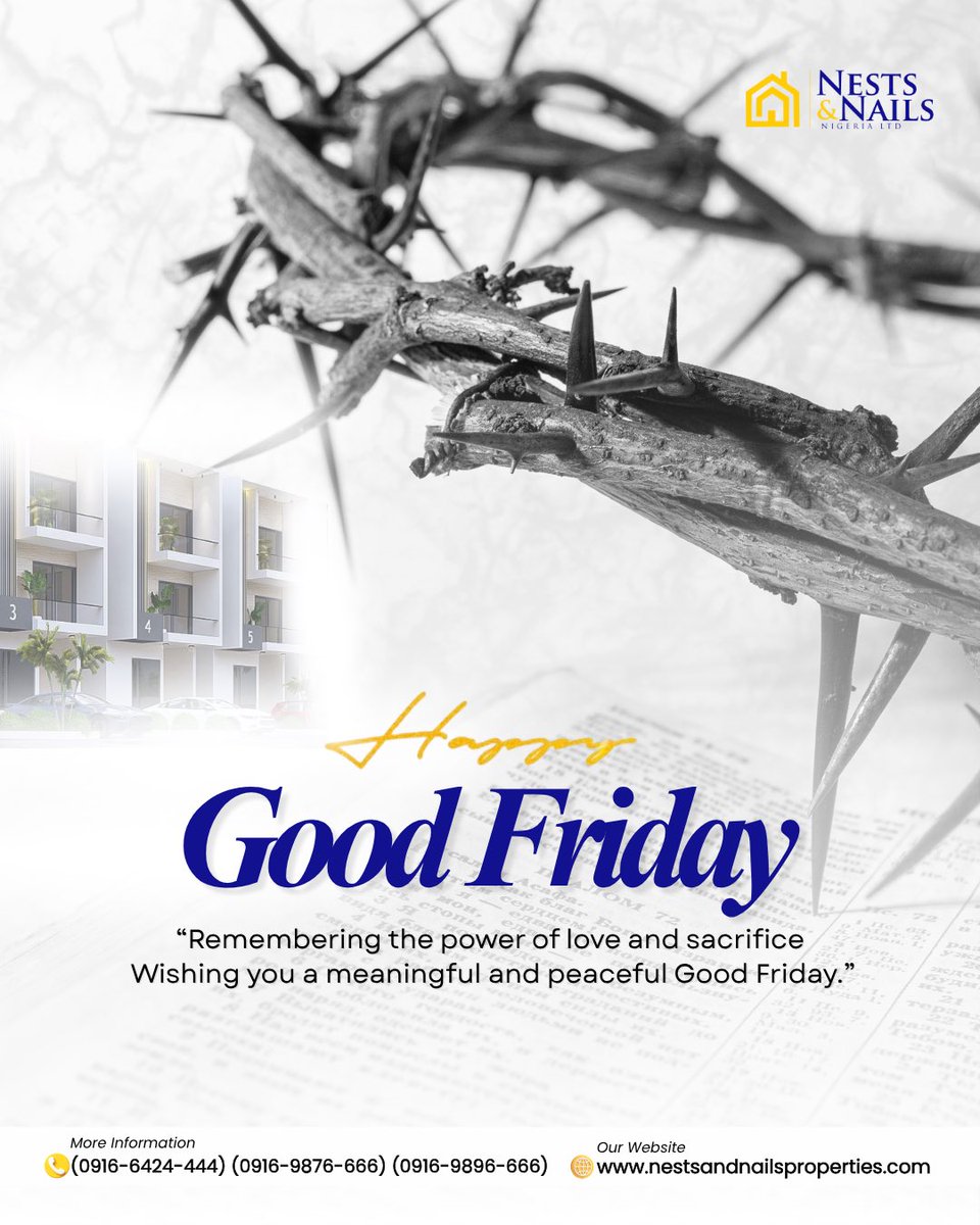 On this Good Friday, we reflect on the true meaning of love, sacrifice, and grace.
May this sacred day bring you peace, renewed hope, and a heart filled with gratitude.

From all of us at Nests &amp; Nails Nigeria Ltd, we wish you a blessed and meaningful Good Friday. 🤍