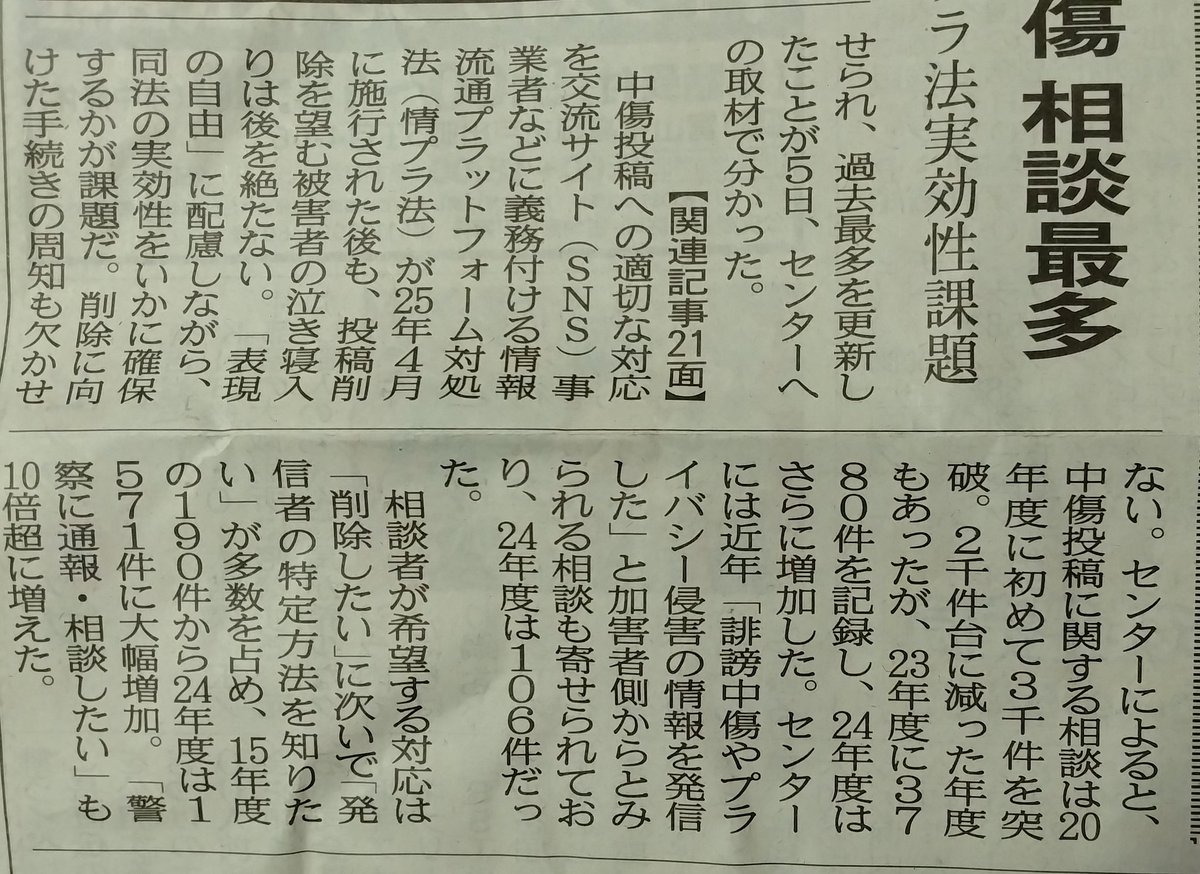 #北日本新聞
#中傷投稿
#旭川女子凍死事件の再捜査を求めます

今朝の23面。
SNSでの中傷投稿と言えば、真っ先に思い付くのは、旭川事件で亡くなった被害者少女や御遺族に対する、目に余るほど醜い内容の誹謗中傷の数々だ。
あんなもん、警察はバンバン開示させて逮捕すべきなのに、何故やらない？？