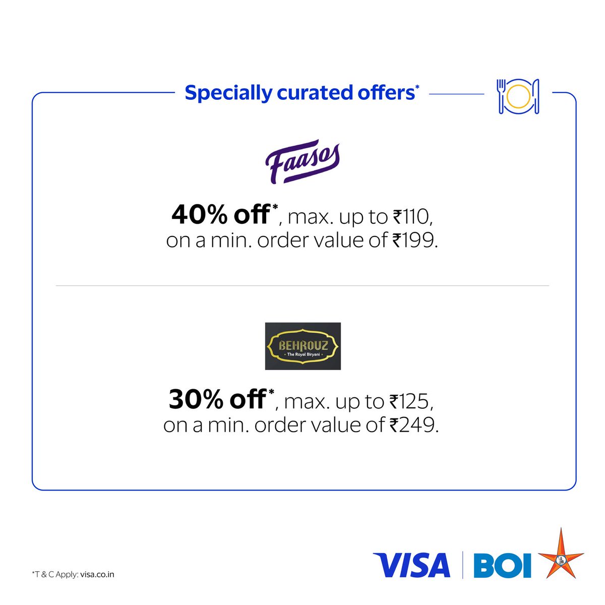 BankofIndia_IN's tweet photo. Game time just got tastier!
Score big on savings with exciting deals from your favourite outlets when you pay with your BOI Visa Card this cricket season.
From every boundary to every bite - celebrate wins with rewards on every swipe!
#CricketFest #BOI #VisaCards #BankofIndia #InstantDiscount