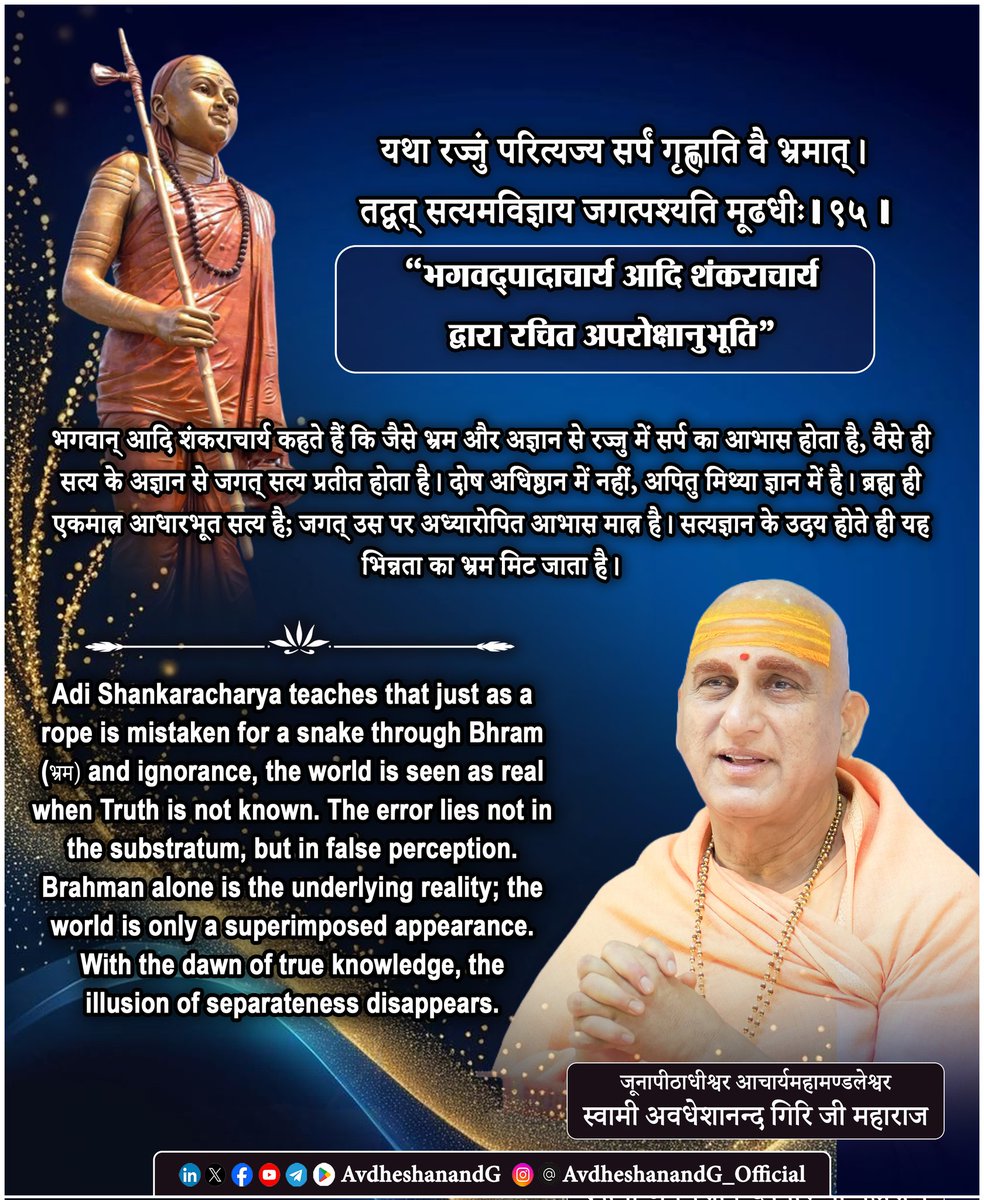 "अपरोक्षानुभूति" 
यथा रज्जुं परित्यज्य सर्पं गृह्णाति वै भ्रमात्।
तद्वत् सत्यमविज्ञाय जगत्पश्यति मूढधीः ।।९५।।

यह श्लोक अद्वैत वेदान्त की सम्पूर्ण शिक्षापद्धति का मानो एक अत्यन्त संक्षिप्त किन्तु सर्वग्राही सूत्र है। भगवान् आदि शंकराचार्य यहाँ उस मूलभूत भ्रान्ति का निरूपण करते