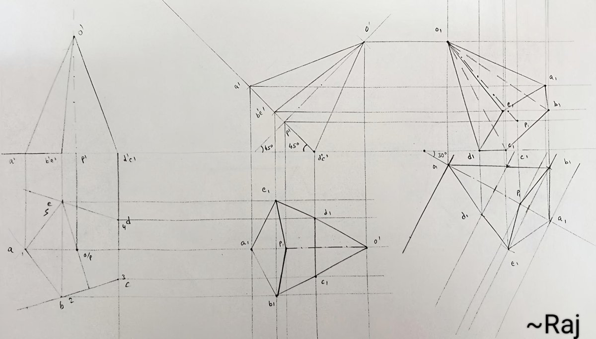 CivilByRaj's tweet photo. 46) Projection of Solids
A pentagonal prism, base side 35 mm, forms a cone of height 70 mm in projection.
Its axis is inclined 45° to HP and 30° to VP.
Draw the projections of the solid.
#EngineeringDrawing
#EngineeringGraphics https://t.co/Yq1U0F2Cv1