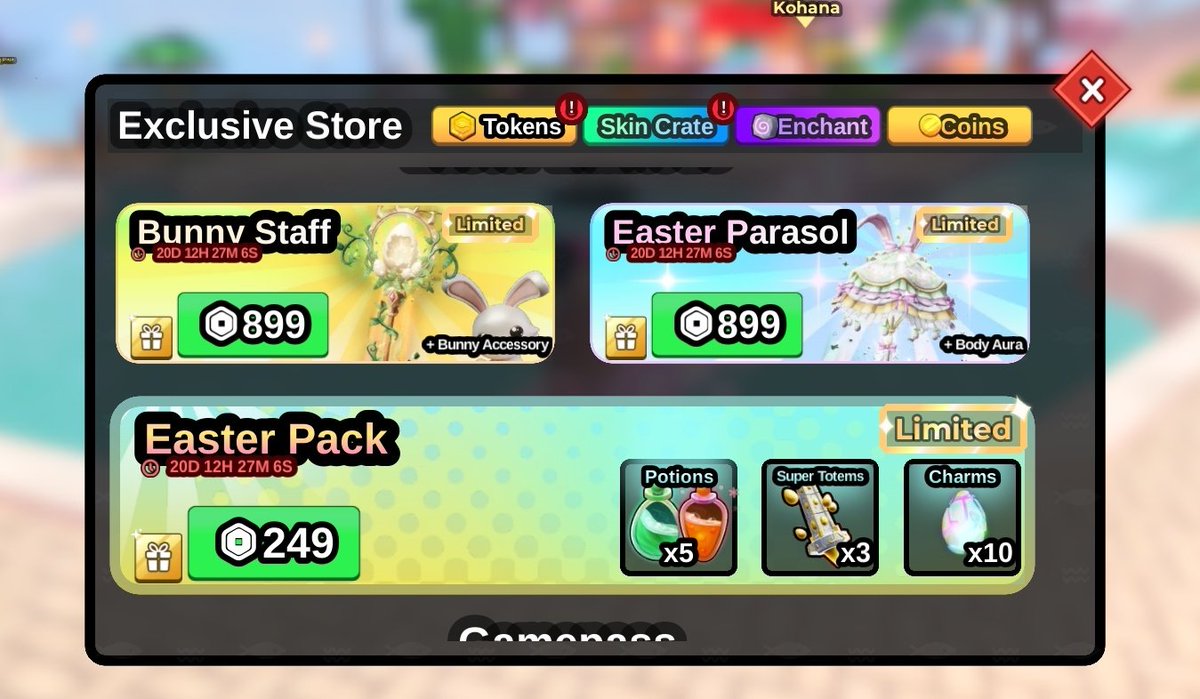 twiplepeach's tweet photo. GIG R74 FISH IT &amp; ALL MAP

Bunny staff = 66.526
Easter Parasol = 66.526
Easter Pack = 18.426

item lain, map lain &amp; robux vilog juga open ya! avqris avrek yang mau yug langsung wa aja 💖

☎️ : https://t.co/47NjcCmJIf https://t.co/3ay66yubsc