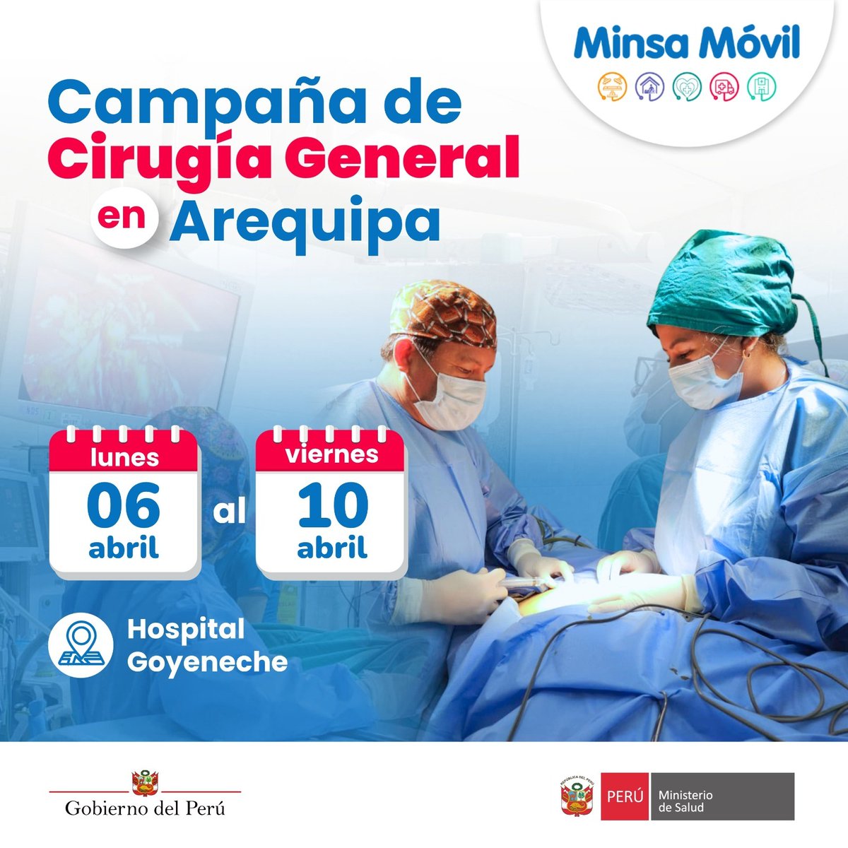 Minsa_Peru's tweet image. 🚑🇵🇪 ¡Reducimos la lista de espera y acercamos la atención especializada en #Arequipa!

✅ Del lunes 6 al viernes 10 de abril, el equipo de #MinsaMóvil desarrollará una campaña quirúrgica de cirugía general Hospital Goyeneche, a cargo de un equipo multidisciplinario de 14