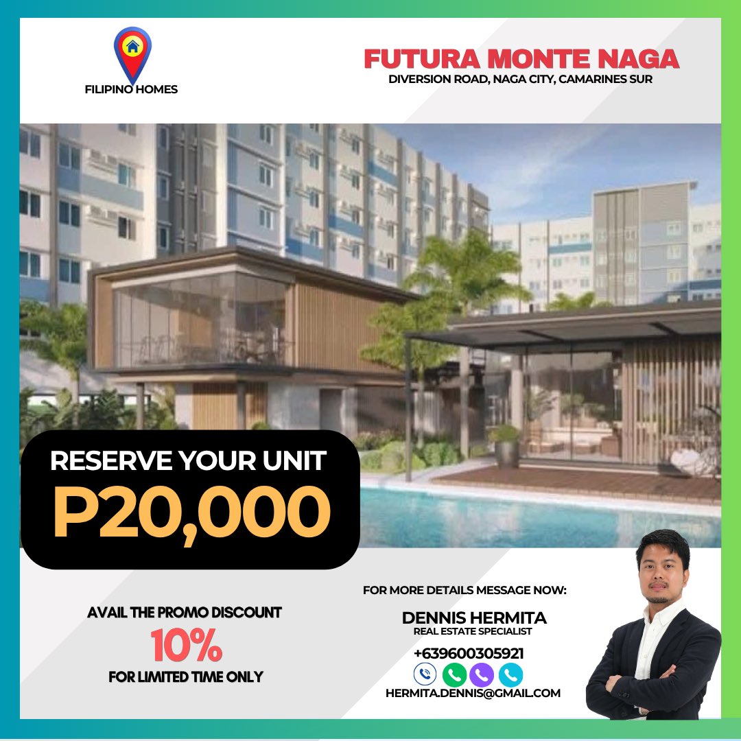 DenZoEnTrep's tweet image. Great Deals Await!
Enjoy an exclusive 10% discount at Futura Monte Naga. Don’t miss out—avail the promo today!

#FutureInvestment #condoinvesting #Condorentals #passiveincome #FuturaMonteNaga #NagaCity