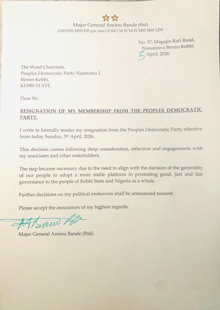 Rasheethe's tweet photo. JUST IN: 2023 Kebbi State PDP gubernatorial candidate General Bandeh has resigned from the PDP. He will join the ADC. https://t.co/43ENYTGls7