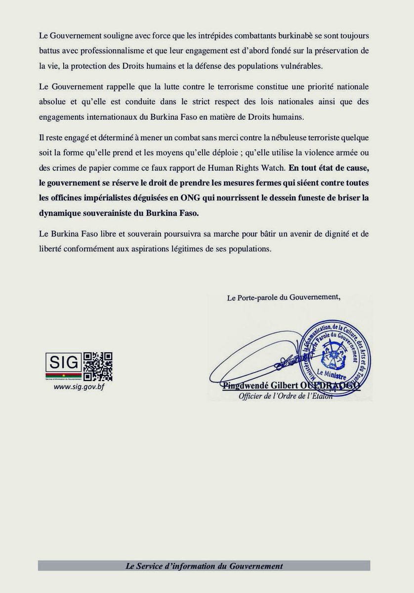 Le gouvernement du Faso réagit aux tissus de mensonges des mercenaires de HRW.
