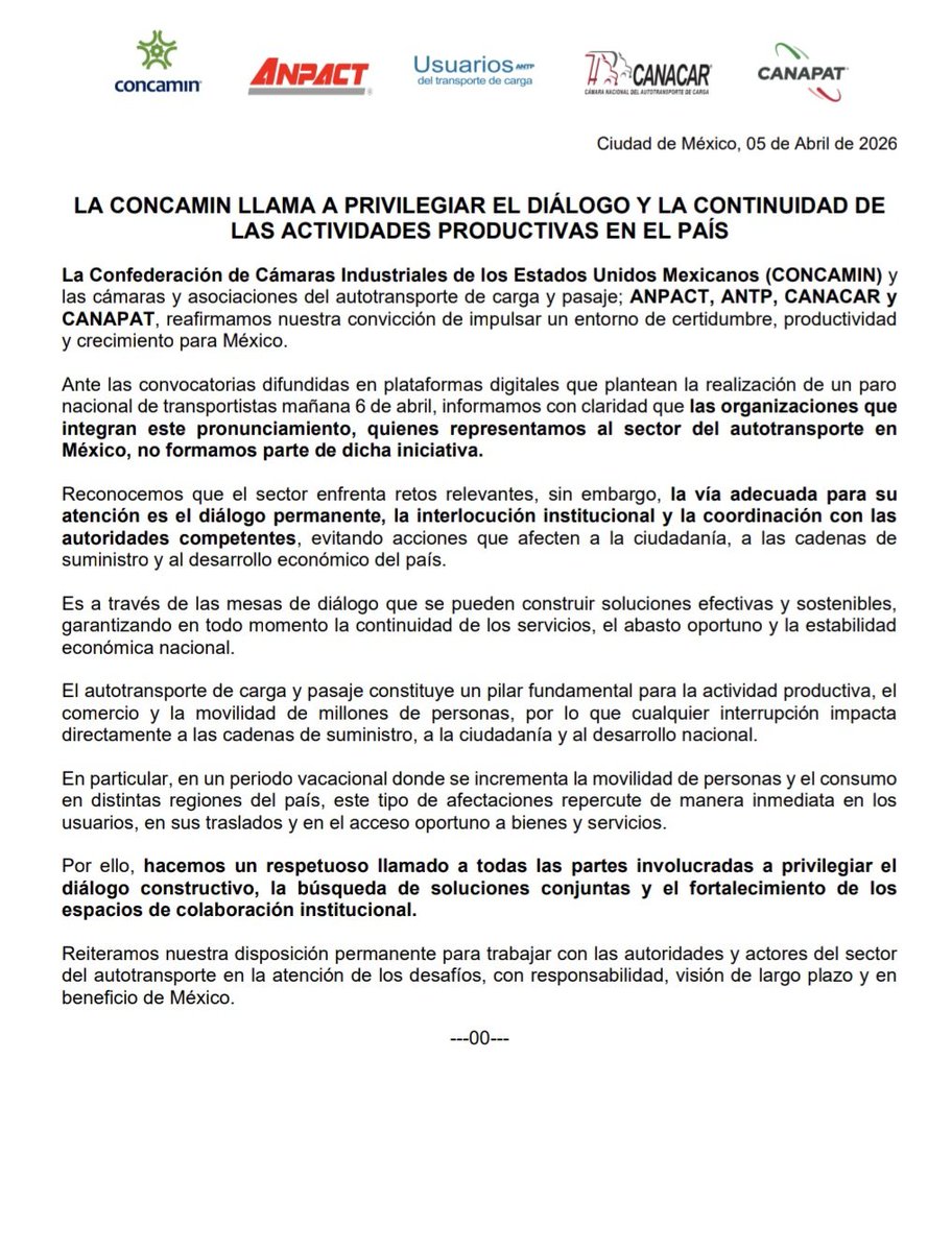 #COMUNICADO

LA #CONCAMIN LLAMA A PRIVILEGIAR EL DIÁLOGO Y LA CONTINUIDAD DE LAS ACTIVIDADES PRODUCTIVAS EN EL PAÍS

La Confederación de Cámaras Industriales de los Estados Unidos Mexicanos (CONCAMIN) y las cámaras y asociaciones del autotransporte de carga y pasaje; ANPACT,