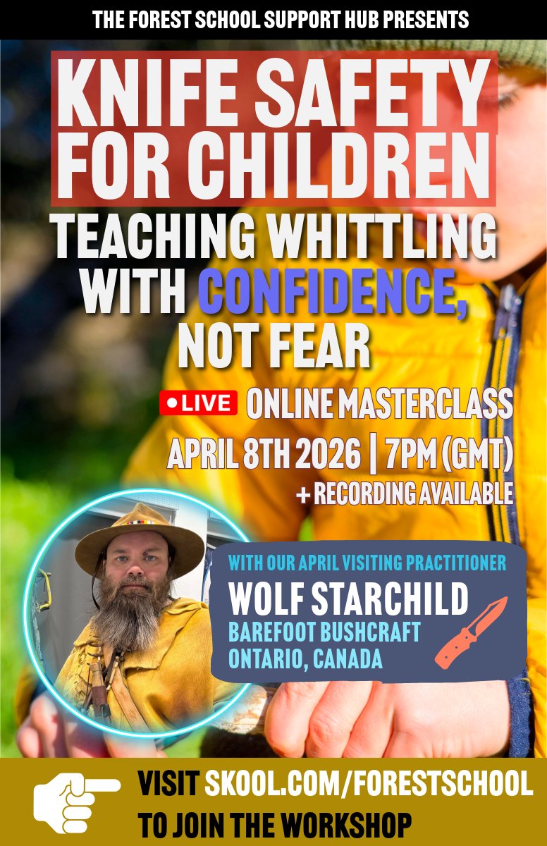 BFBushcraft's tweet image. On Wednesday, April 8th, 2026 instructor Wolf is hosting "Knife Safety for Children: Teaching Whittling with Confidence, Not Fear on teaching" at the Forest School Support Hub. skool.com/forestschool
#forestschool #outdoorlife #bushcraft #survival#TeacherTraining