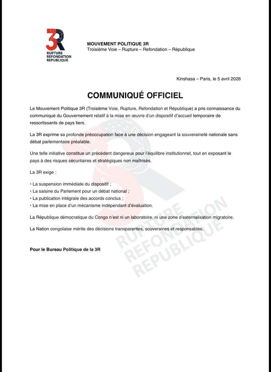 La République démocratique du Congo n’est ni un laboratoire, ni une variable d’ajustement.

Elle est une Nation.
Et une Nation se gouverne avec responsabilité, transparence et vision.

<a href="/3RDRC/">3R</a>