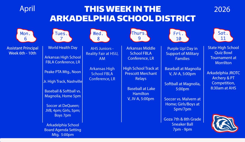 APSD_News's tweet image. Happy Easter! April is "hopping" right along.
Here is what’s happening this week in the Arkadelphia School District. Good luck to FBLA and Quiz Bowl at your state competitions this week. 
Purple Up! In support of military families on Friday.
Have a great week!
#BadgerPride