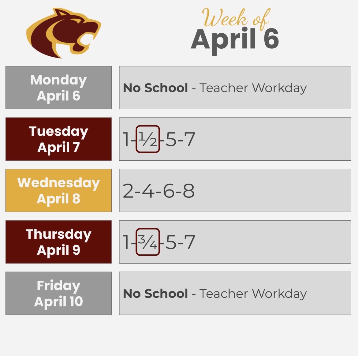 OaktonHS's tweet photo. Welcome back and welcome to the start of the 4th quarter! Here’s the schedule for the week of April 6. Students are off Monday and Friday. Have a great week, Cougars! #Oaktoncalendar #WEAREOAKTON https://t.co/fwZrrdxYFk