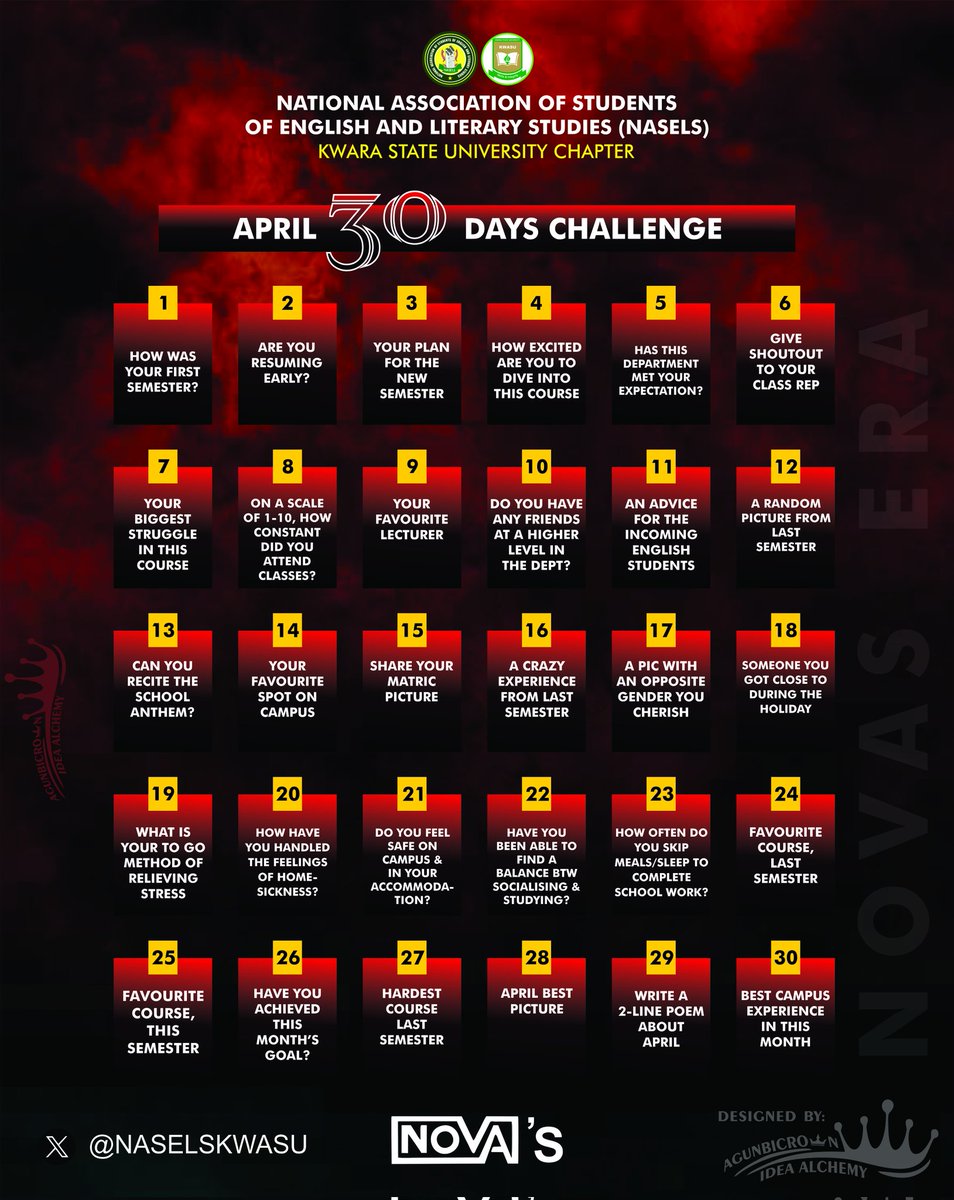 NASELSKWASU's tweet photo. 30 DAYS APRIL CHALLENGE
Let us make April unforgettable. 
Let the challenge begin!!!💃💃💃

#NOVASERA https://t.co/txeyQhAH3Y