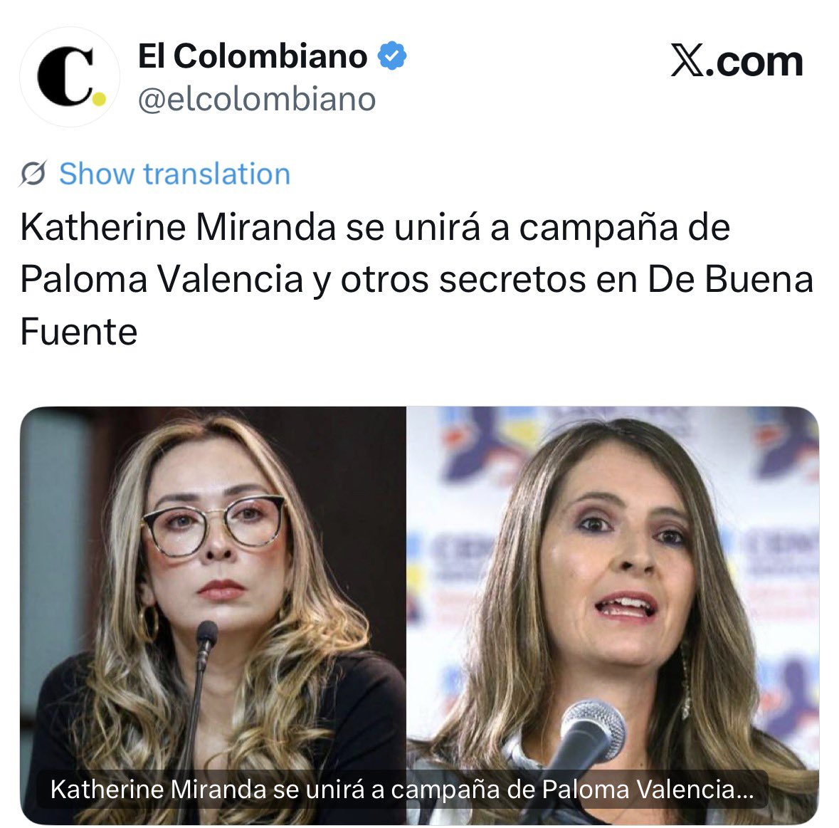 Excelente, <a href="/KatheMirandaP/">Katherine Miranda</a> es una gran congresista y me parece bien q ahora apoye la campaña de <a href="/PalomaValenciaL/">Paloma Valencia L</a> y <a href="/JDOviedoAr/">Juan Daniel Oviedo</a>