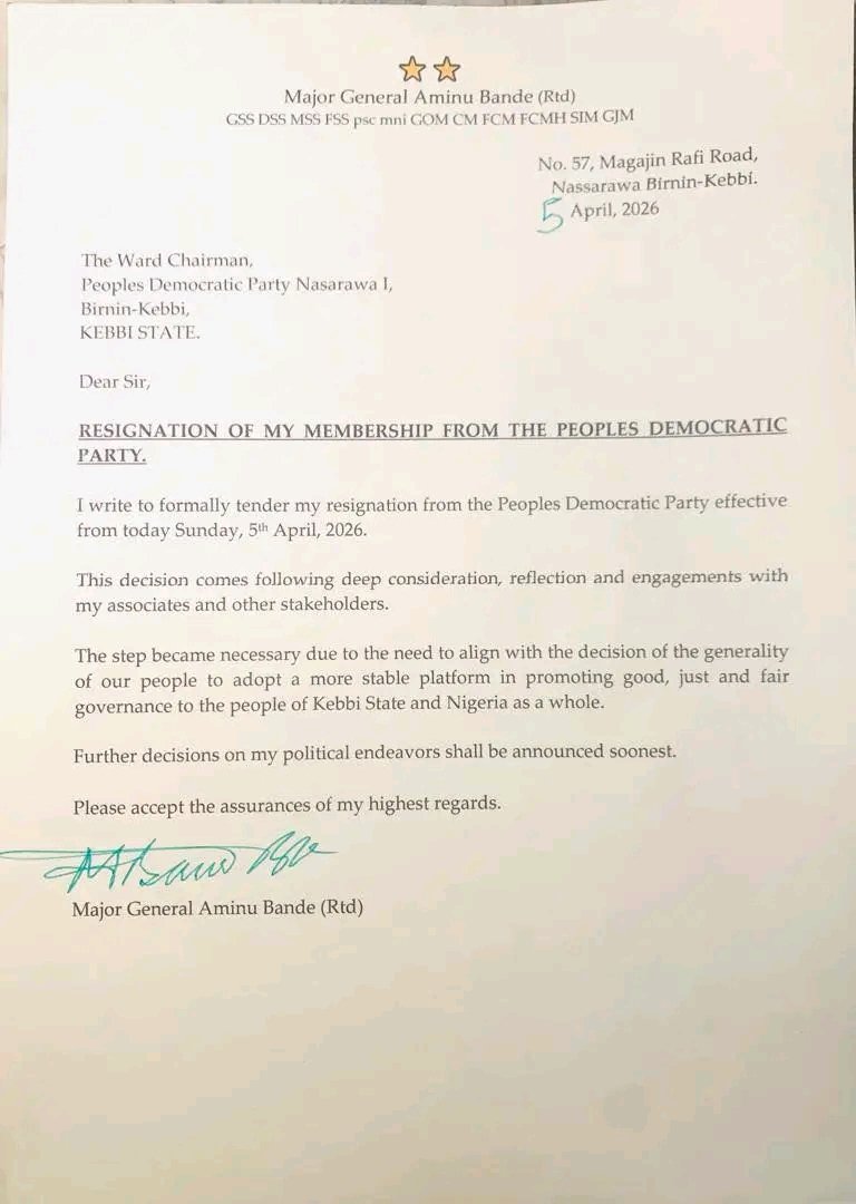 BREAKING: 2023 Kebbi State PDP gubernatorial candidate General Bandeh has resigned from the PDP. He will join the ADC.